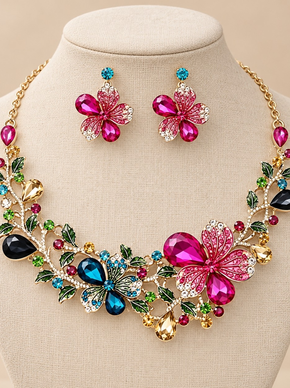 Floral Statement Necklace & Earrings Set Fuchsia Pink